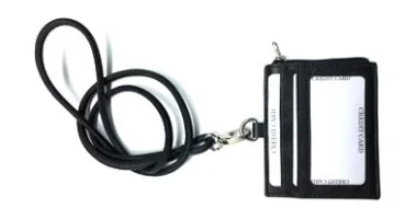 Black leather ID card holder with lanyard
