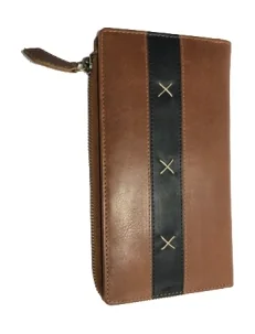 Brown leather long purse with X-stitch detail