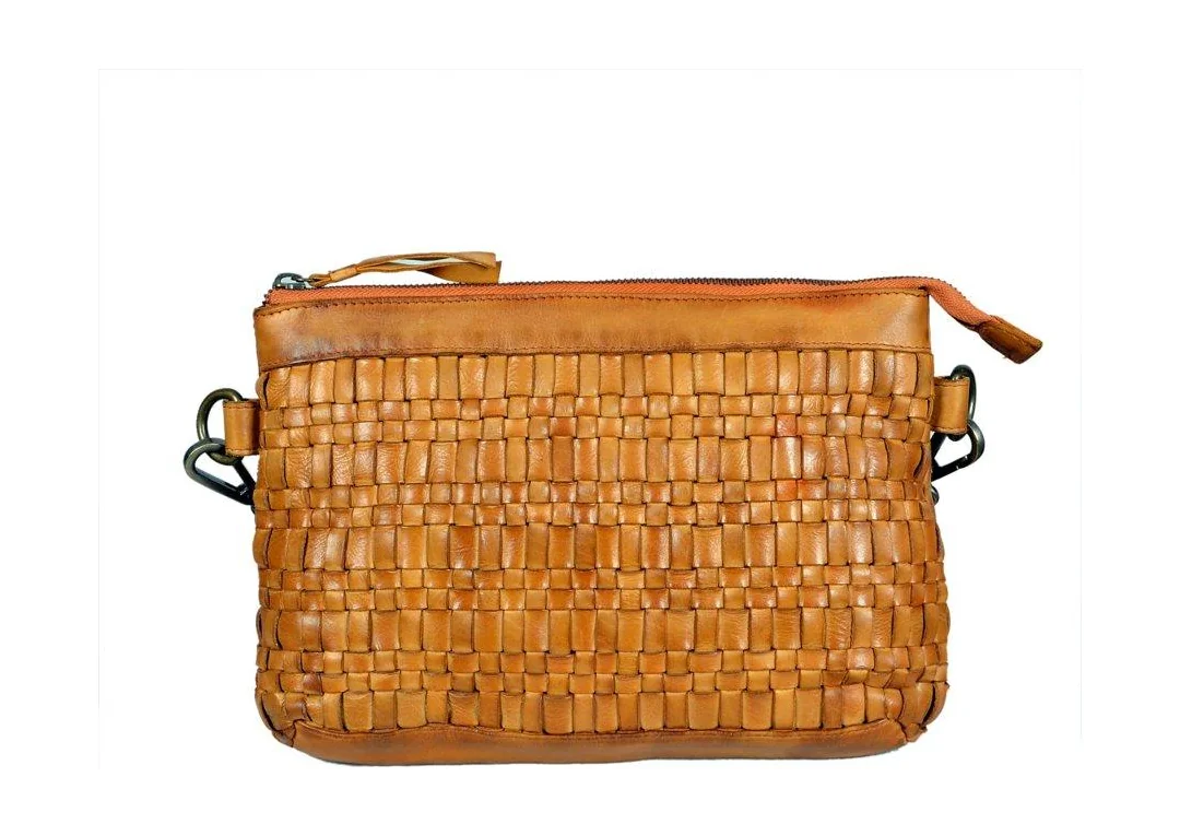 Tan woven leather crossbody bag