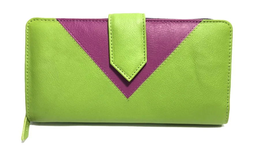 Green and purple leather V-flap zip-around purse